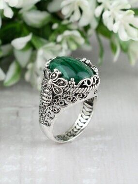 NEW Sterling Silver Malachite Bee Filigree Ring